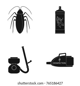 Cockroach and equipment for disinfection black icons in set collection for design. Pest Control Service vector symbol stock web illustration.