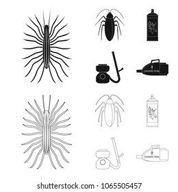 Cockroach and equipment for disinfection black,outline icons in set collection for design. Pest Control Service vector symbol stock web illustration.