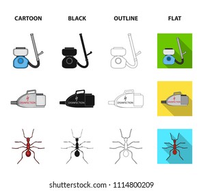 Cockroach and equipment for disinfection cartoon,black,outline,flat icons in set collection for design. Pest Control Service vector symbol stock web illustration.
