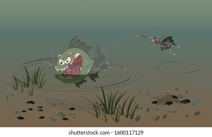 Cockroach fishing. Scene on the theme of nature and water life. Vector illustration for cards, posters and children's books.