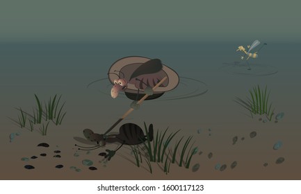 A cockroach floats in a hat on the water and finds his drowned comrade. Scene on the theme of nature and water life. Vector illustration for cards, posters and children's books.
