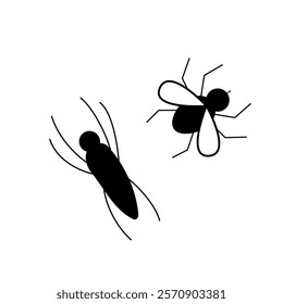 Cockroach and Fly vector black line icon. Isolated insects beetle and flies Clip art design element.