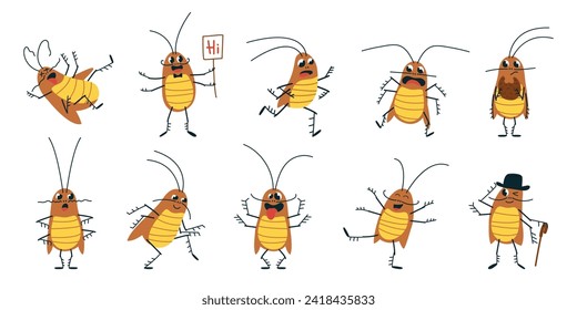 Cockroach funny cartoon set. Dirt cockroaches, cute home insect with various emotions. Wild pest or parasite, isolated comic classy vector characters