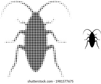 Cockroach halftone dot icon illustration. Halftone pattern contains round dots. Vector illustration of cockroach icon on a white background. Flat abstraction for cockroach pictogram.