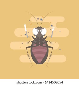 cockroach holding fork and knife, germ,  pest control concept, flat character design clip art vector illustration cartoon sign logo