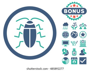 Cockroach icon with bonus images. Vector illustration style is flat iconic bicolor symbols, cobalt and cyan colors, white background.