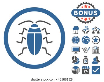 Cockroach icon with bonus pictures. Vector illustration style is flat iconic bicolor symbols, cobalt and gray colors, white background.