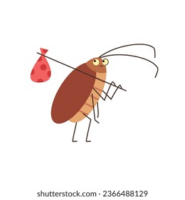 El insecto de cucaracha con una bolsa sobre un palo se para y se ve tristemente. Funny cucaracha marrón con antenas. Dibujo vectorial de mal parásito de plaga aislado en blanco. Icono de escarabajo de Hexapod