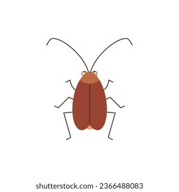 Cockroach insect stands and looks, back view. Funny brown cockroach bug with antennae. Hexapod beetle icon. Vector cartoon bad pest parasite illustration isolated on white.