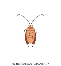 Cockroach insect stands and looks nervous. Funny brown cockroach bug with antennae. Vector cartoon bad pest parasite illustration isolated on white background. Hexapod beetle icon