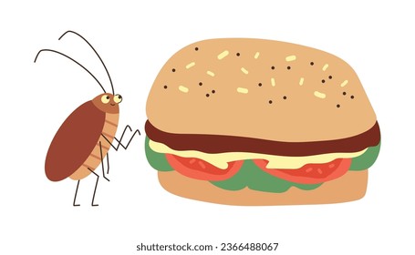 Un insecto de cucaracha cerca de la hamburguesa. Funny cucaracha marrón con antenas quiere comer comida humana. Caricatura vectorial mal parásito de plaga, ilustración de escarabajo hexápodo aislado en blanco.