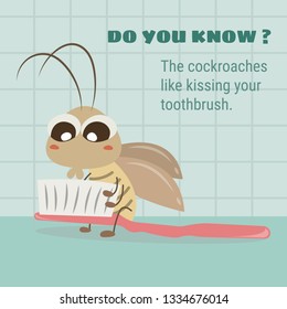 Cockroach kissing toothbrush vector illustration cartoon. Cockroach pastel cartoon isolated on white background. Roaches lick toothbrush in bathroom.  
