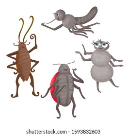 Cockroach, ladybug standing on its paws. Cartoon mosquito. Set of insects. Cartoon pest or insect. Isolated on white background. Flat style vector cartoon illustration.