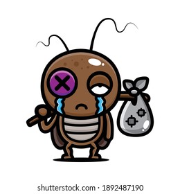 The cockroach mascot character design is crying because it is driven out