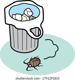 Cockroach is near the trash