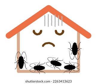 Cockroach outbreak. A swarm of cockroaches and a cartoon style house.