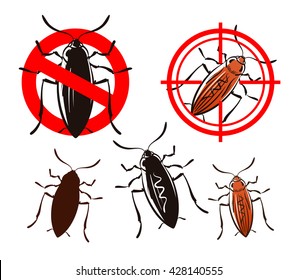 cockroach, pest control icons set. insects. prohibitory sign and a target. vector illustration