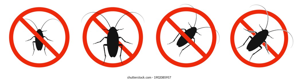 La cucaracha con un signo de prohibición rojo. DEJAR de aislar el signo de las cucarachas. Juego de íconos de la cucaracha. Ilustración vectorial.