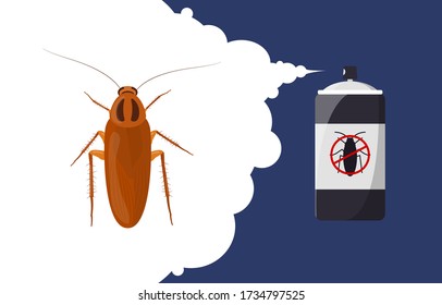 Cockroach repellent banner concept. Insect repellent aerosol. Pest, insect and bug control spray bottle. Cartoon illustration