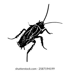 Cockroach, roach. Black silhouette of a cockroach isolated on white background. Vector illustration. Top view. Pest control and infestation concept for design, print and educational material.