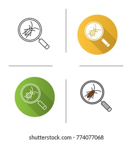 Cockroach searching icon. Flat design, linear and color styles. Pest control service. Magnifying glass with roach. Isolated vector illustrations