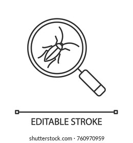 Cockroach searching linear icon. Pest control service. Magnifying glass with roach. Thin line illustration. Contour symbol. Vector isolated outline drawing. Editable stroke