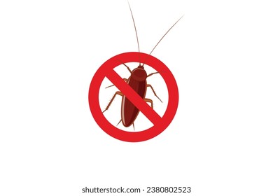 Cockroach sign with red forbidden circle isolated on white background. anti cockroach, pest control icon,