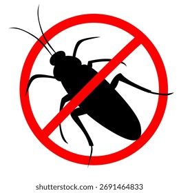 Cockroach silhouette crossed by a red no symbol, representing hygiene standards, pest exclusion, and cockroach control for kitchens, restaurants, warehouses, and sanitation campaigns. svg
