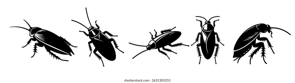 Silhueta de barata conjunto ilustração de inseto. Barata preto silhueta ícone vetor anatomia projeto.