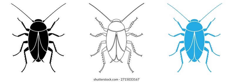 Siluetas de cucaracha en negro, arte lineal y azul, icono de glifo de cucaracha. Símbolo de silueta. Insectos. Espacio negativo. Ilustración aislada de Vector, Vector de diseño de conjunto de logotipo de cucaracha