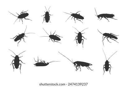 Cockroach silhouettes, Cockroach silhouette set, Dead cockroach silhouette, Cockroach vector.