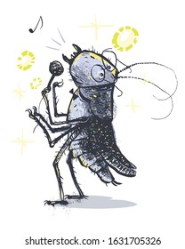 Cockroach is the star of pop music. The cockroach is singing. Funny character. Vector illustration
