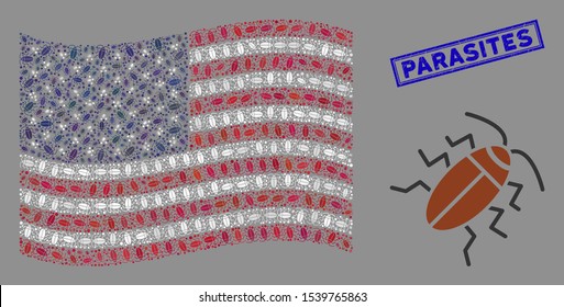 Cockroach symbols are organized into American flag collage with blue rectangle rubber stamp seal of Parasites text.