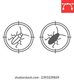 Línea de destino de cucaracha e icono de glifo, insecto de control de plagas y de muerte, cucaracha en icono de vector de cruz, gráficos vectoriales, símbolo de contorno de trazo editable, eps 10.