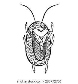 Cockroach. Cockroach vector. Funny insect in a suit and tie raises his hands up.
