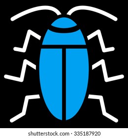 Cockroach vector icon. Style is bicolor flat symbol, blue and white colors, rounded angles, black background.