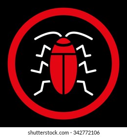 Cockroach vector icon. Style is bicolor flat rounded symbol, red and white colors, rounded angles, black background.