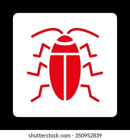 Cockroach vector icon. Style is flat rounded square button, red and white colors, black background.