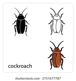 Cockroach vector set with insect animal silhouette outline and color drawing. Roach isolated on transparent background.