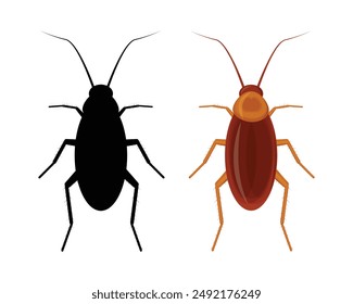 Cockroach view from above. The image of a cockroach in the form of a silhouette and in a cartoon style. Vector illustration.