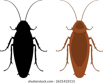 Cockroach view from above. The image of a cockroach in the form of a silhouette and in a cartoon style. Vector illustration