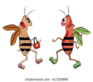 cockroaches or beetles rollerblading cartoon