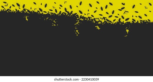 Muchas cucarachas e insectos sobre un fondo amarillo, una vista superior de la silueta de escarabajos de plaga. Ilustración vectorial de la infestación por parásitos