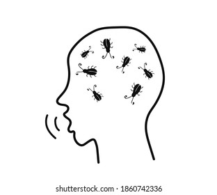 Cockroaches in my head. Human profile on a white background. Vector illustration.