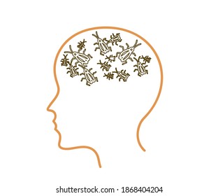 Cockroaches in my head. Human head symbol on a white background. Vector illustration.