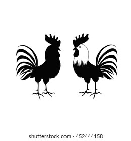 Cocks in hand-drawing style. Rooster symbol of Chinese New Year. Vector illustration. In full growth. Isolated bird on white background