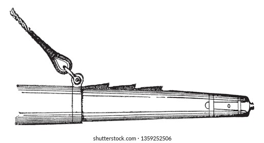 Cockscomb is a notched cleat on the yard arm of a vessel to facilitate hauling out the reef earings, vintage line drawing or engraving illustration.