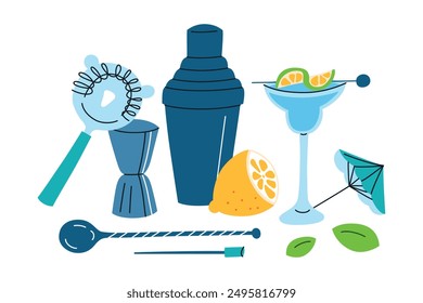 Cocktail accessories vector illustrations, flat cartoon icons of shaker, strainer, lemon, and glass. Bartending instruments, mixology tools for summer parties, and refreshing drinks, beverages decor