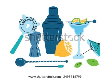 Cocktail accessories vector illustrations, flat cartoon icons of shaker, strainer, lemon, and glass. Bartending instruments, mixology tools for summer parties, and refreshing drinks, beverages decor
