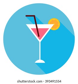 Cocktail Alcohol Drink Circle Icon. Flat Design Vector Illustration with Long Shadow. Party Drink with Orange Slice Symbol.